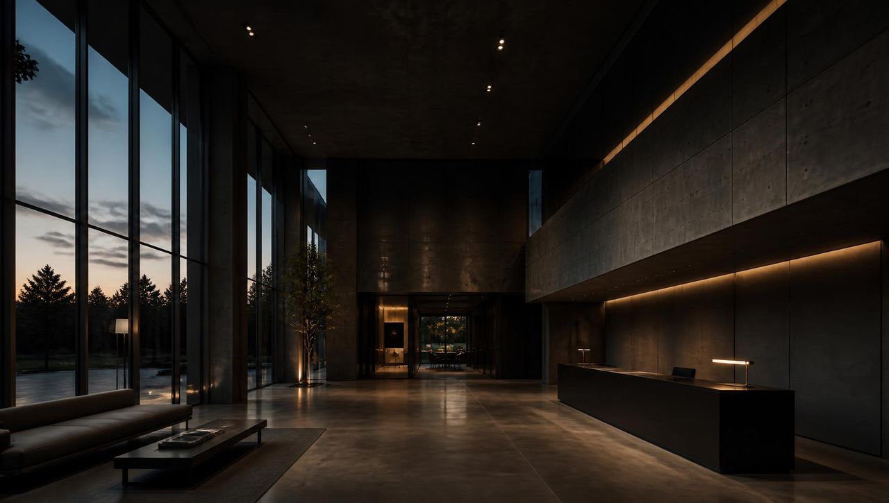 Dark concrete and glass studio reception lobby at dusk