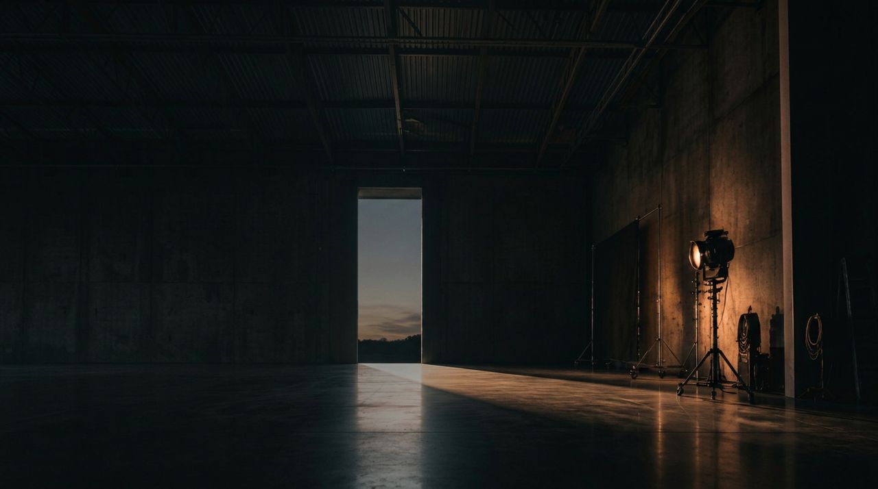 Empty modern soundstage lit by a single shaft of light